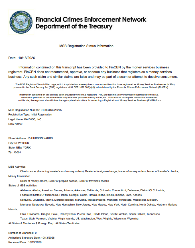 FinCEN Money Services Business registration transcript for Kalvoq, Inc.